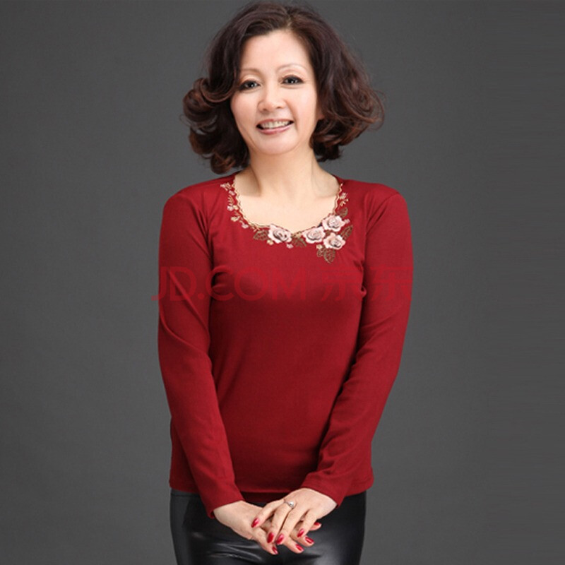 乐卡索 中老年时尚妈妈装大码绣花长袖打底棉t恤 l133110009 铁锈红