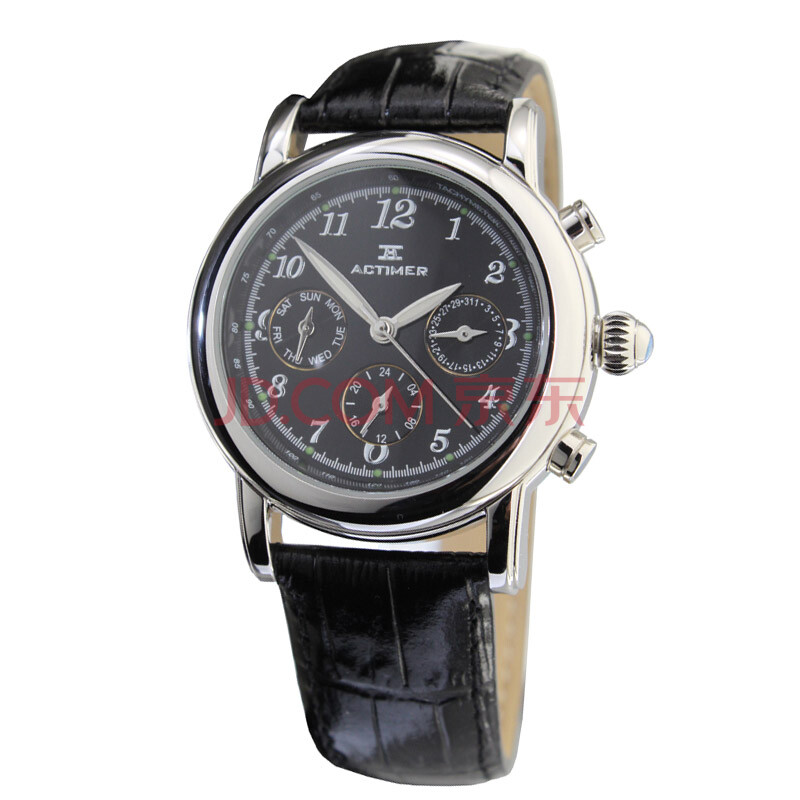 actimer/时光爱客 卧虎藏龙高档真皮男表 精钢壳6针多功能男表 黑面