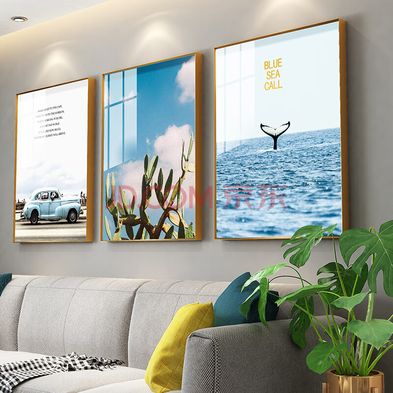 轻奢晶瓷画沙发上的三联画电视背景墙三连画餐厅饭厅歺厅免打孔墙壁画