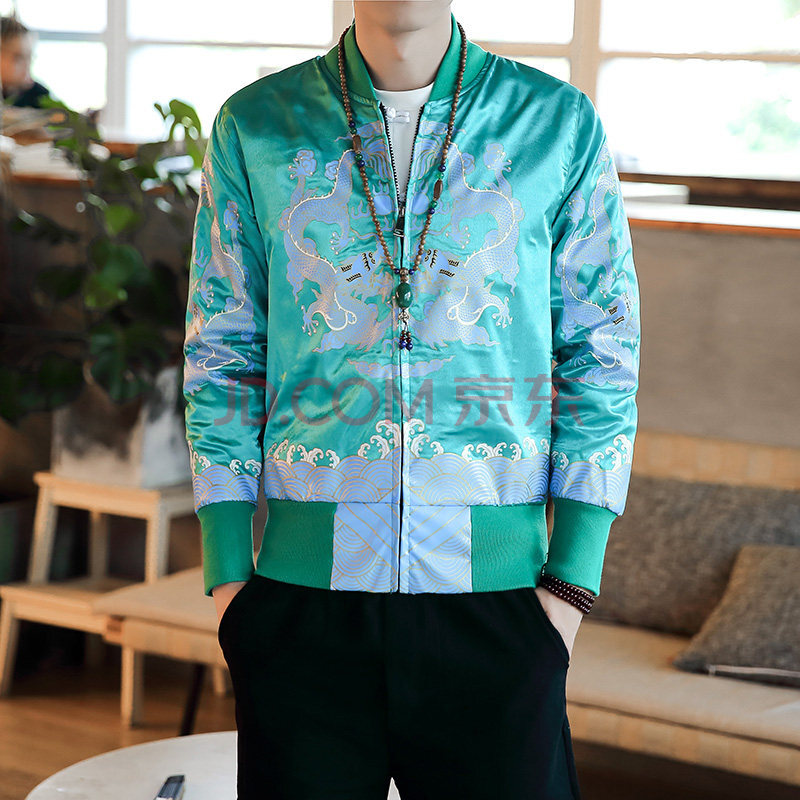 新款外套男士中国风潮流印花龙袍青年宽松休闲棒球服夹克 绿色 m