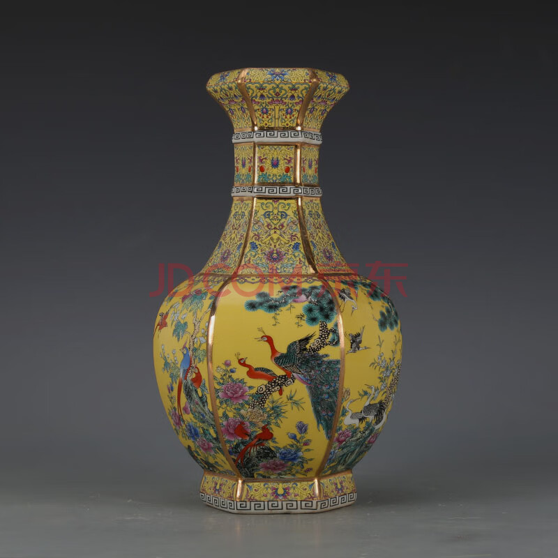 【芠拉】芠拉-乾隆御制黄地粉彩花鸟六方瓶 古董古玩收藏品真品景德镇