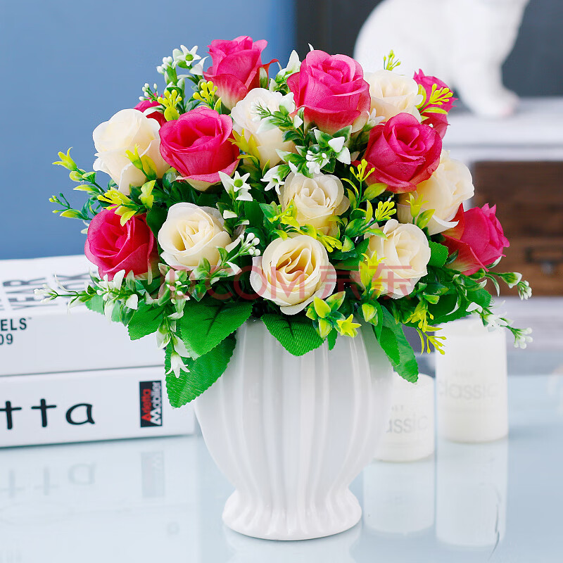 餐桌上的仿真花欧式玫瑰假花装饰花仿真花客厅摆件塑料盆栽茶几餐桌花