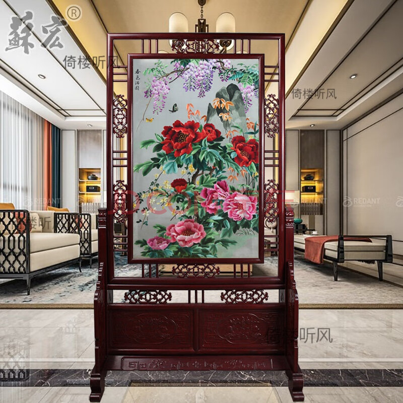 酒店大堂隔断屏风 落地屏风装饰摆件 手工刺绣屏风 春满人间