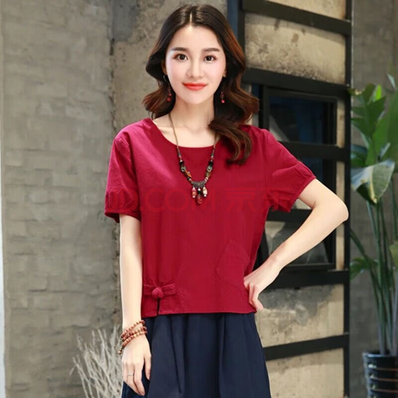 棉麻t恤女2020新款夏季短袖韩版宽松大码体恤韩范短款上衣红色s