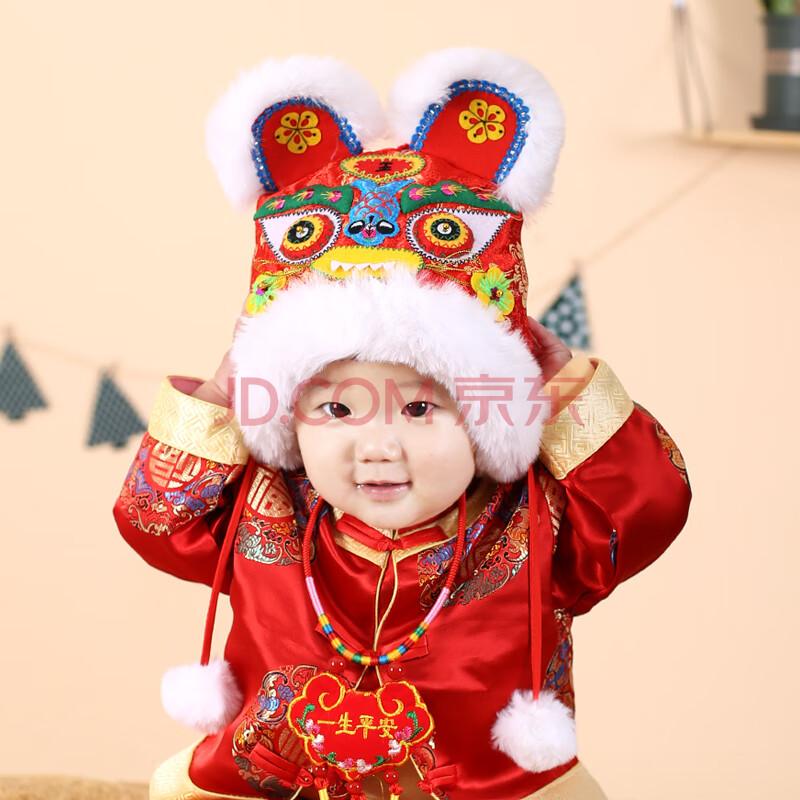 虎头帽可爱萌婴儿帽子传统加绒手工1周岁百天冬季宝宝护耳帽 虎头帽 1