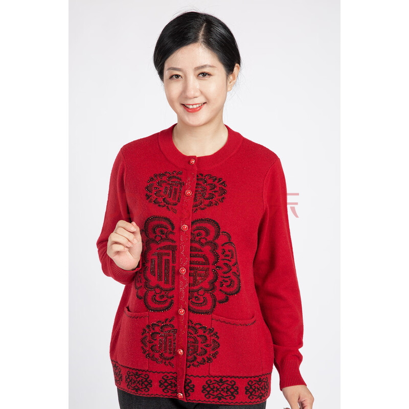 老美华纯羊毛红色毛衣衫圆领中长款长袖印花中老年女装保暖 红色 4xl