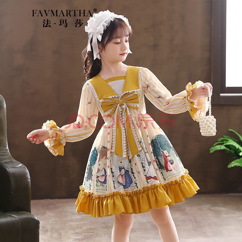 lolita洛丽塔连衣裙女2021春夏款公主裙韩版礼服长袖中大童裙 金色