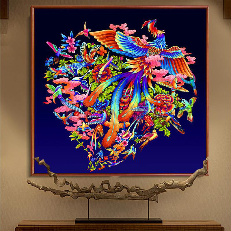 百鸟朝凤图钻石画钻石绣2020年新款带框圆形水晶十字绣凤凰挂件小件