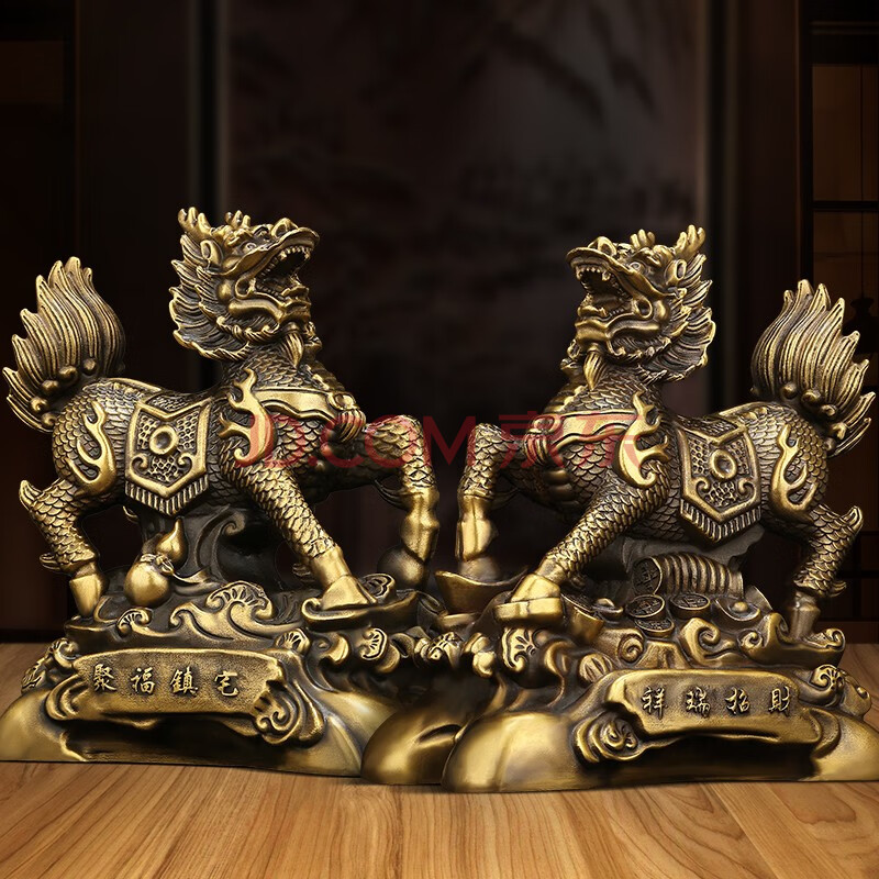 吉善缘 复古全铜麒麟摆件一对 麒麟送子工艺礼品家居客厅办公室装饰