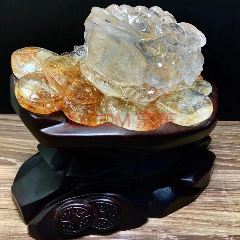 俊辰珠宝天然巴西原石原矿白水晶黄皮胶花精雕金蟾摆件立体精雕晶体
