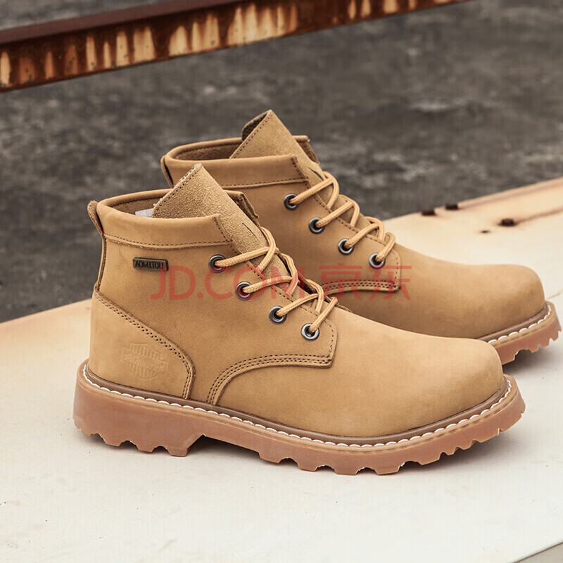 头层牛皮马丁靴男真皮短靴男士高帮鞋工装皮靴复古靴子aomitou 黄色