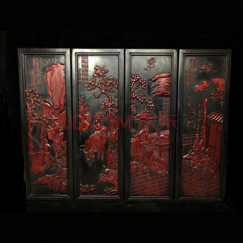 jhjd22红木渔樵耕读四扇屏 102x36x3.5cm