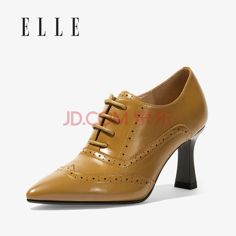 elle尖头复古布洛克优雅高跟鞋女2020秋季新款英伦风皮鞋 杏色 39