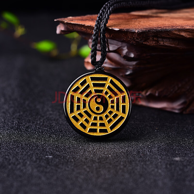 天然黑曜石 鎏金八卦吊坠 六字明咒五行八卦 男女款 款式一