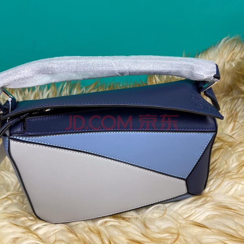 拼接包单肩斜挎手提包几何包 海洋蓝拼接