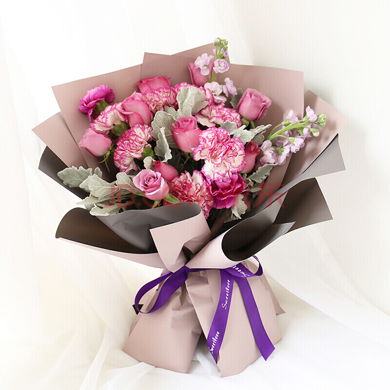 紫边康乃馨冷美人玫瑰混搭花束 不含花瓶