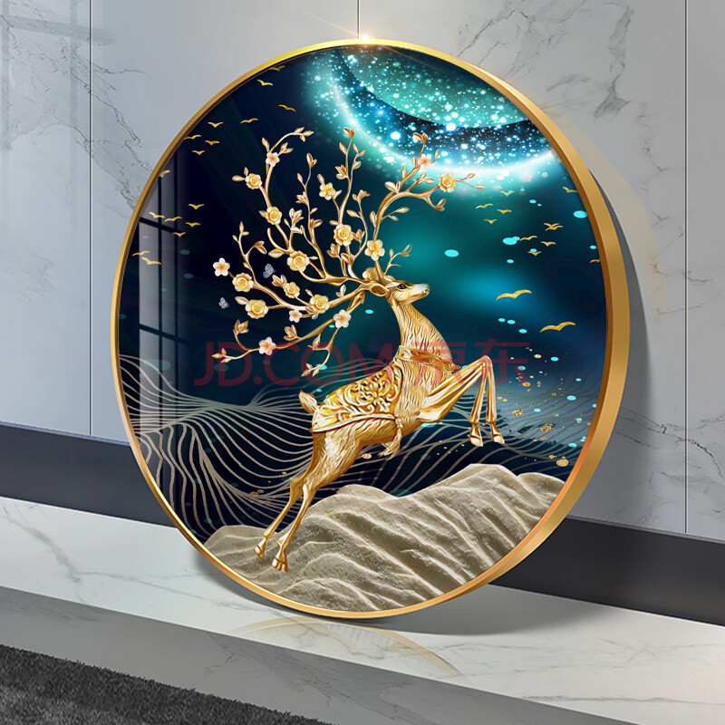 轻奢晶瓷画玄关圆形壁画客厅背景墙挂画发财鹿走廊过道招财鹿餐厅画