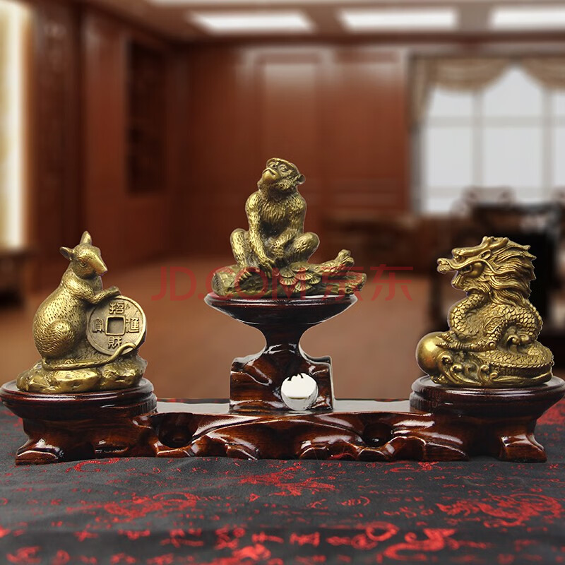 兴润阁 铜十二生肖铜三合鼠龙猴桌面摆件生肖老鼠龙猴子三合摆件 鼠龙
