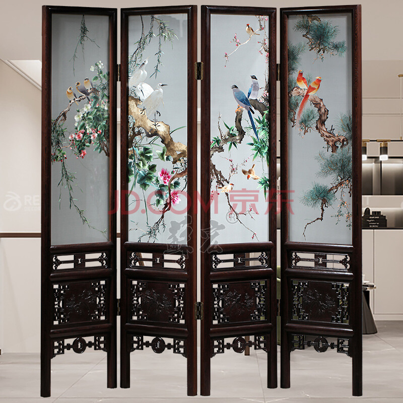 苏宏双面绣屏风牡丹花鸟典雅清新中式隔断屏风苏绣手工折叠屏风 花鸟