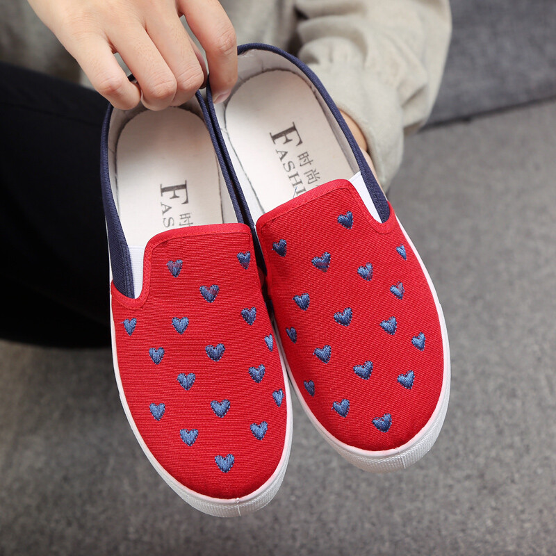 春夏新款女鞋浅口鞋女平底帆布鞋懒人休闲鞋百搭老北京布单鞋 红色