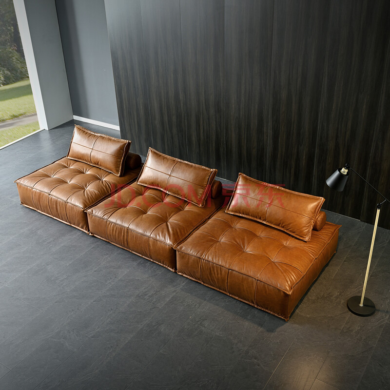 北欧真皮沙发意式极简客厅组合油蜡皮无扶手乳胶头层牛皮方块沙发