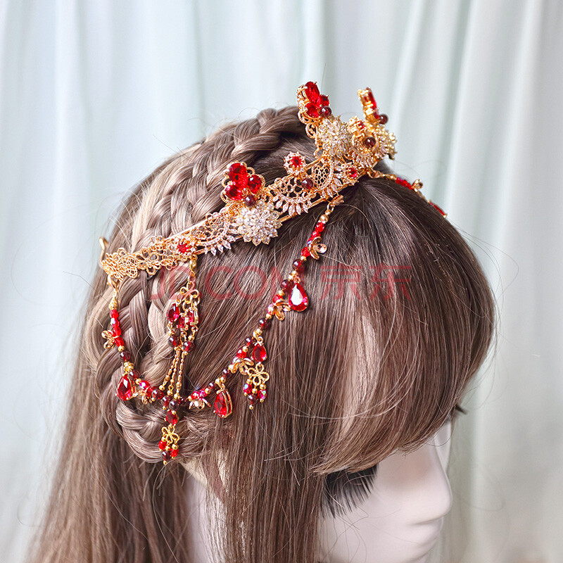 红色琉璃发冠女古风汉服皇冠敦煌天竺婚嫁lolita帝政风 大发冠