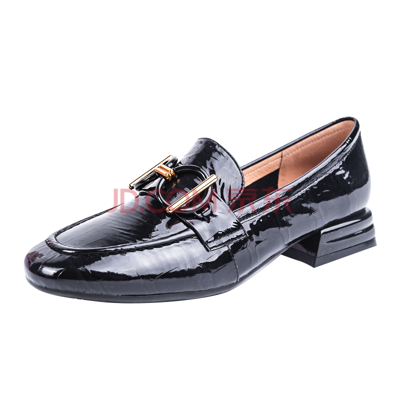 双凤2021春新款亮面金属装饰方头低跟浅口乐福套脚单鞋女62a-1028