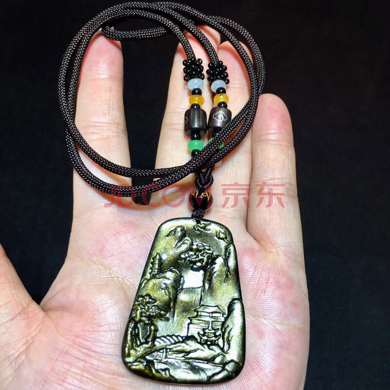 臻莱开光天然金曜石山水牌吊坠男女士项链金曜石挂件饰品礼物 尺寸50*