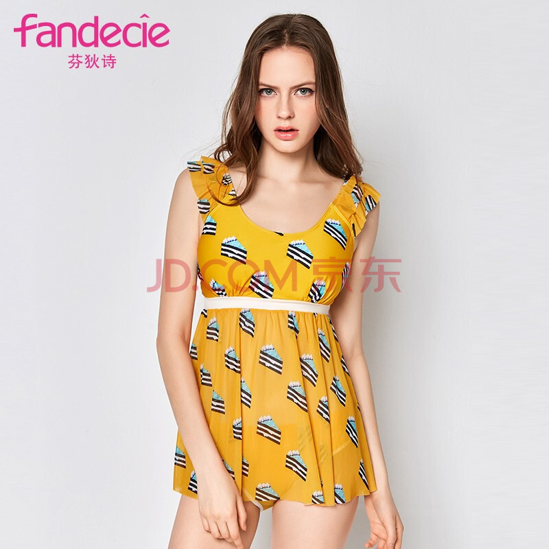 芬狄诗时尚蛋糕印花网纱荷叶边连体温泉泳衣fs0664 黄色flw xxl