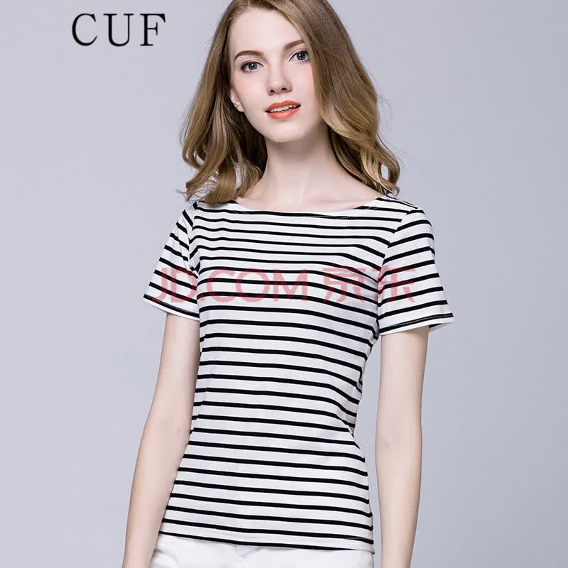 cuf香港潮牌 黑白条纹短袖t恤女装2021夏季新款一字领修身显瘦打底衫