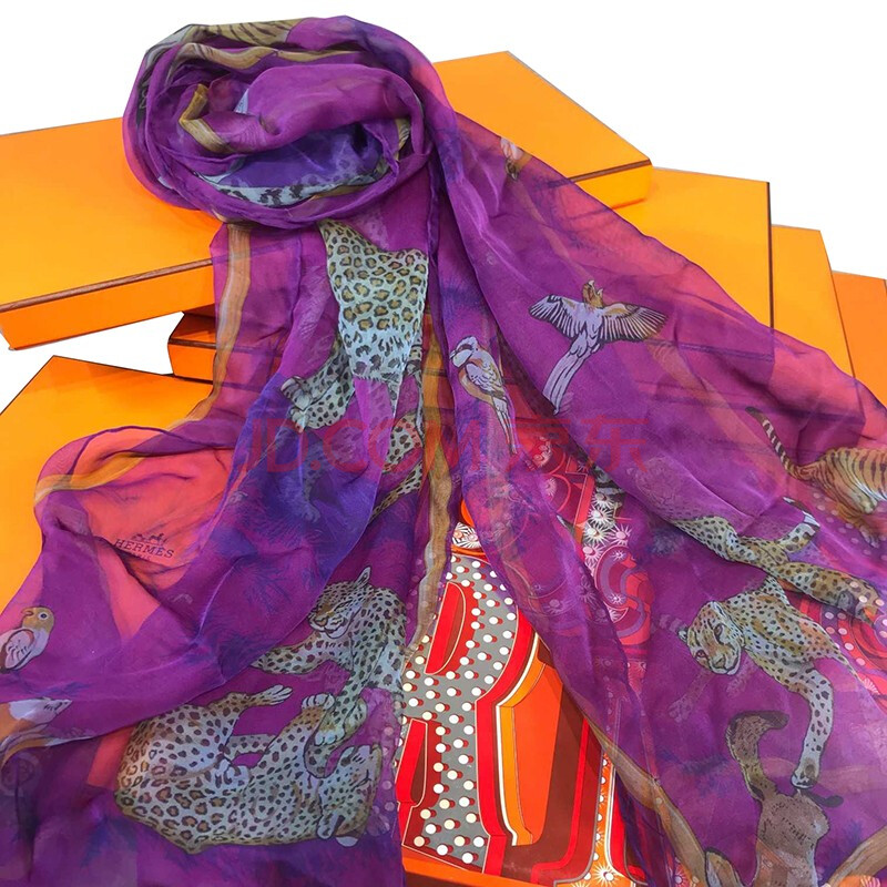 hermes/爱马仕 轻薄丝巾虎豹紫色款ba38724443 紫色系 180x60
