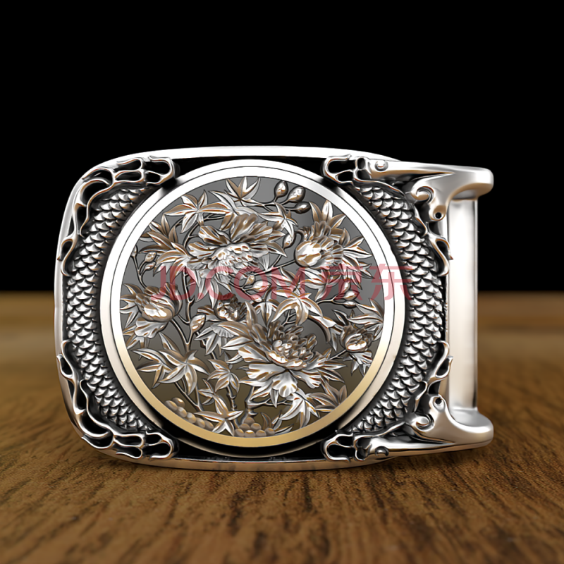 宝茄雷龙 牡丹花纯银皮带扣头s999足银男银扣头腰带扣头手工定做皮带