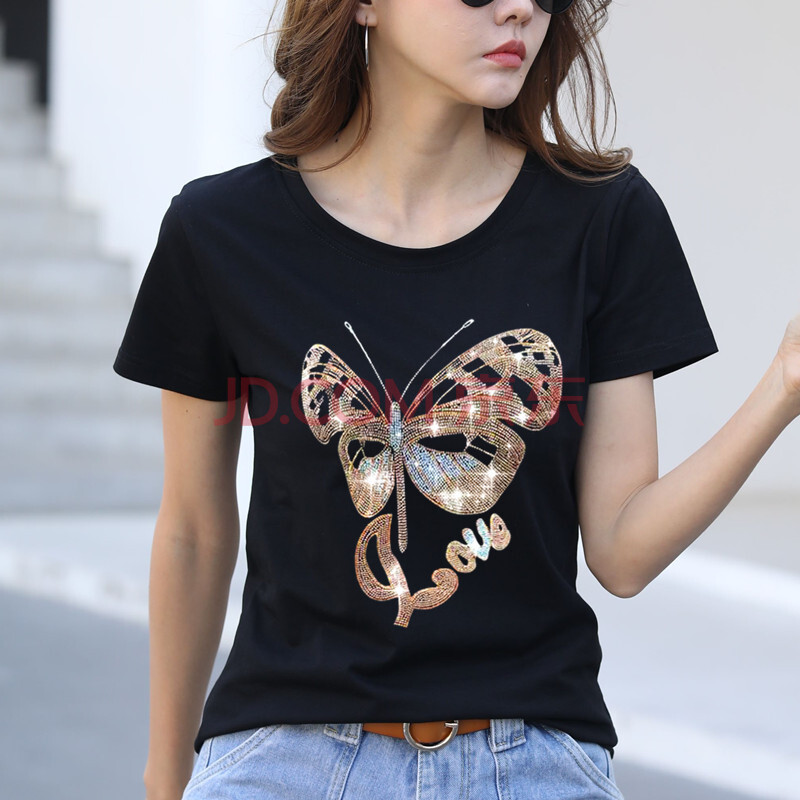 短袖t恤女 带钻夏季女装黑白色烫钻t恤女圆领修身显瘦棉体恤上衣 黑色