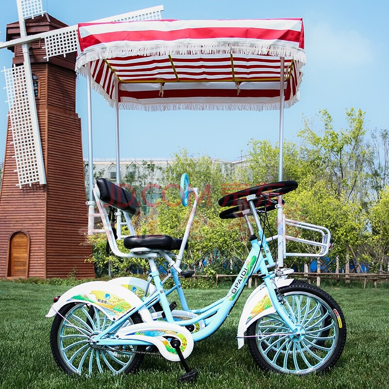 两人自行车情侣观光车双人四轮多人骑人力自行车联排脚蹬车 【蓝白】