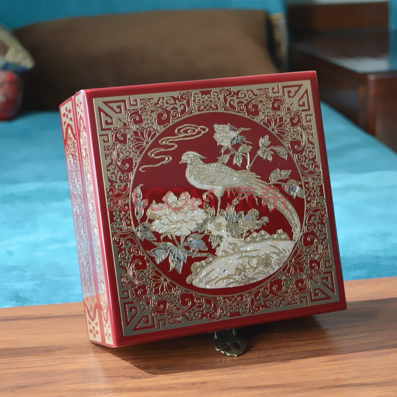 好物】复古掐丝首饰盒镶铜丝螺钿贝壳镶嵌梳妆盒钢琴漆面平遥推光漆器