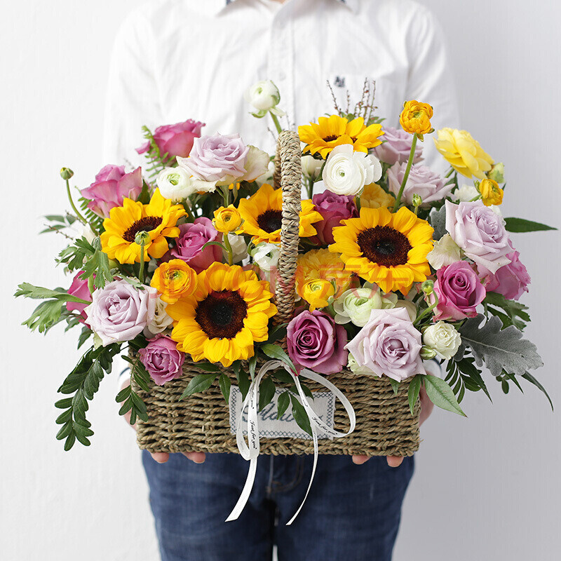 同城配送玫瑰康乃馨混搭手提花篮节日生日礼物送妈妈长辈老师探望病人