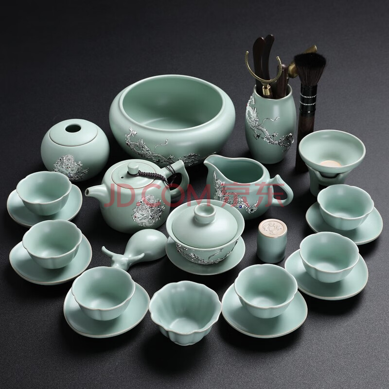 办公室会客陶瓷盖碗功夫茶具茶壶茶杯整套泡茶器23入汝窑盖碗井栏壶六