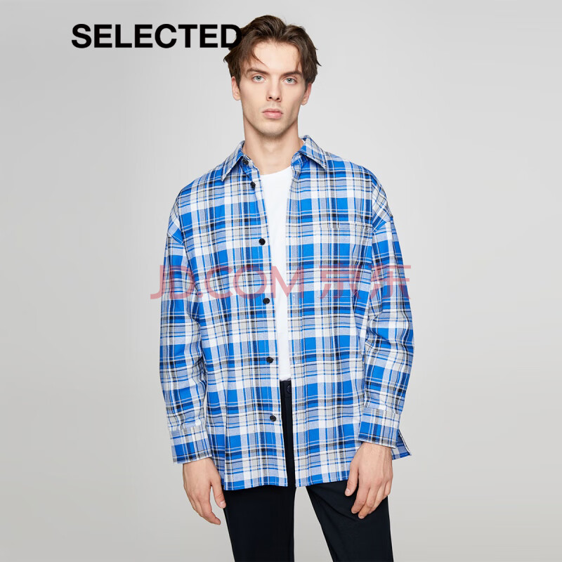 潮流休闲格纹宽松长袖衬衫上衣s420305055 深蓝色 s【图片 价格 品牌