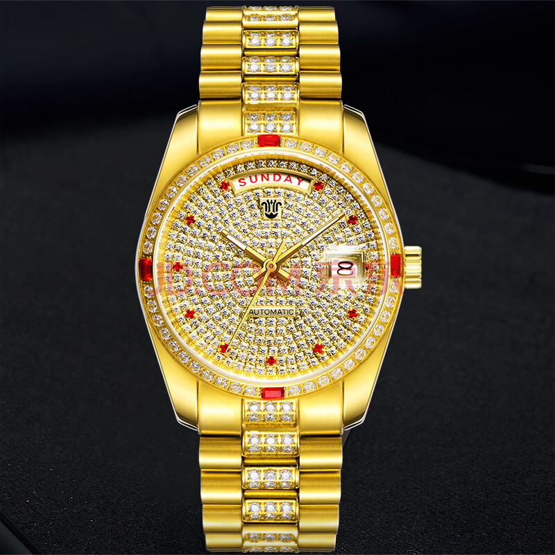 欧力派(olipai)满天星镀金双历全自动机械表防水男士手表jt7029 金色