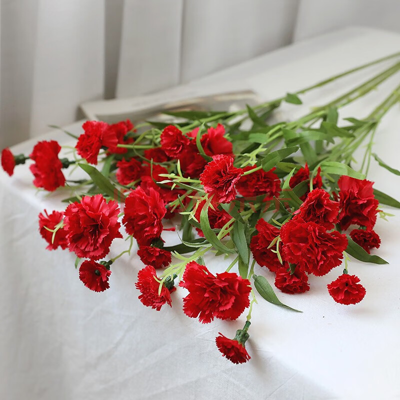母亲节假花康乃馨家居装饰花客厅摆设餐桌摆件 每支6朵花 红色单支