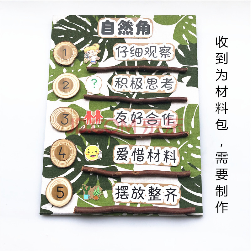 牌区域规则自粘墙贴纸阅读美工科学区墙面布置装饰 绿叶底自然角 木板