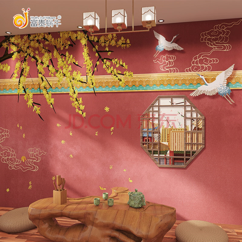 复古中国红故宫墙纸古风新中式仙鹤壁画民宿茶室书房客厅饭店壁纸