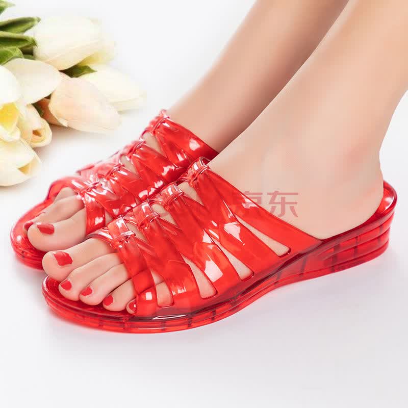 中跟拖鞋女夏外穿居用浴室洗澡防滑不臭脚老式坡跟平底凉拖鞋 18-红色