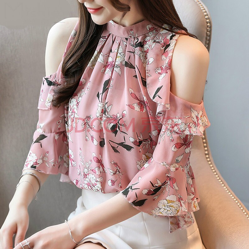 女款夏季衬衫女衬衣雪纺衫女装短袖2021年新款夏装时尚露肩碎花上衣