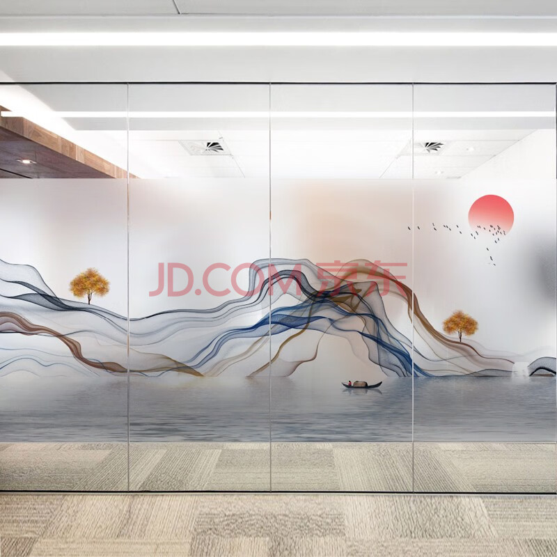 石斑鱼山水画艺术中式大气风景玻璃贴办公室会议室隔断腰线酒店装饰