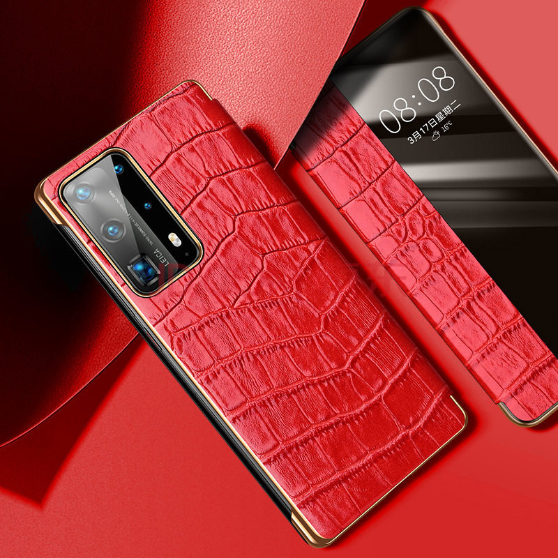 豆图 华为p40pro手机壳真皮牛皮套鳄鱼纹p40pro 智能翻盖式保护套男女