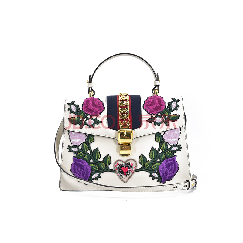 【二手95新】古驰gucci 牛皮白色sylvie系列限量刺绣款大号丝带包手提