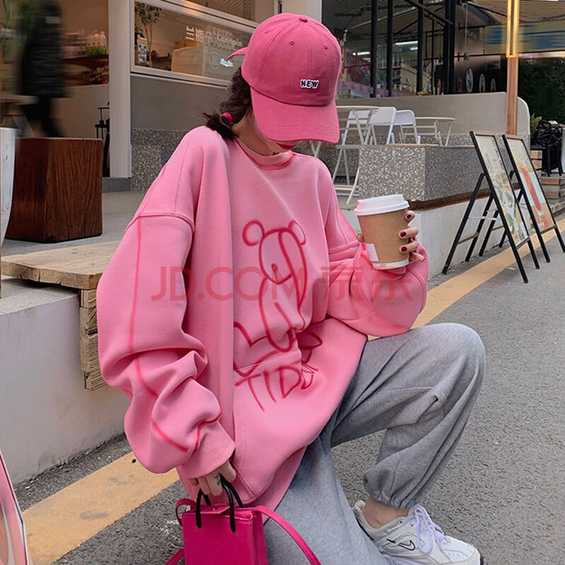 佘曼莱 小熊卫衣女2021秋季韩版宽松圆领套头ins潮牌上衣外套女装