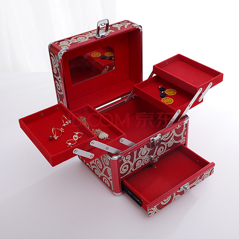 中精质造 结婚镜箱新娘首饰盒陪嫁收纳盒三金彩礼金五金钱箱子订婚