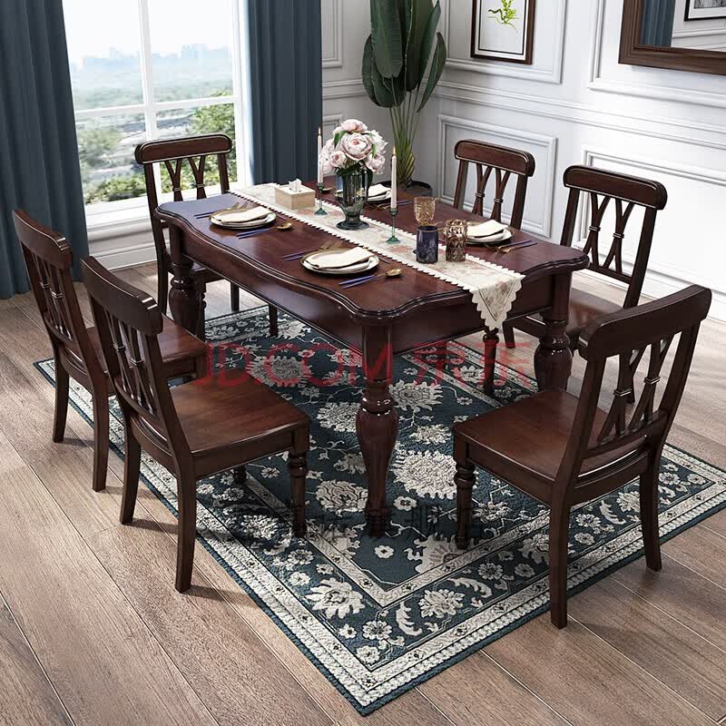 班奇盾 西餐桌美式西餐桌全实木长方形做旧乡村组合小户型家用餐厅